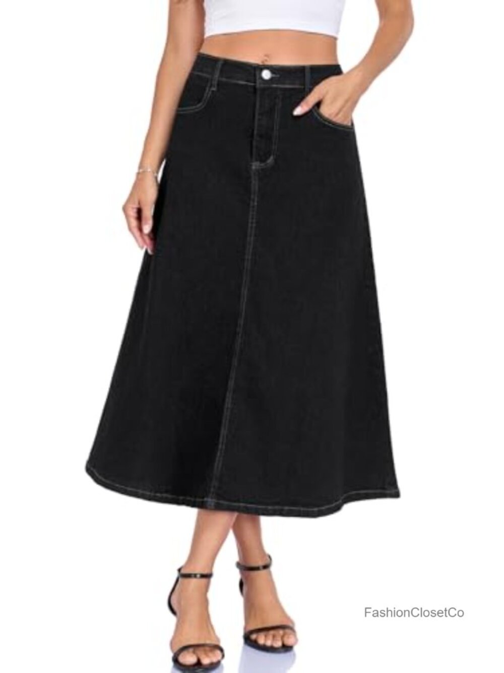 Women Stretchy High Rise A-Line Denim Midi Jean Skirt with Pockets